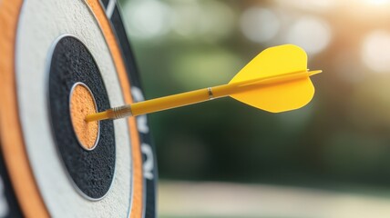A close-up of a yellow arrow embedded in a target's bullseye, symbolizing precision and focus in archery.