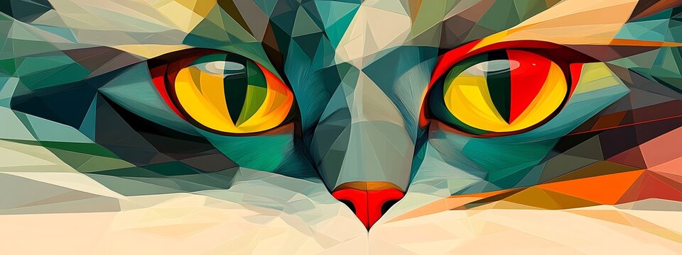 Abstract polygonal cat face close-up, vibrant colors, captivating eyes.