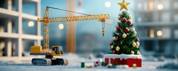 A construction crane beside a decorated Christmas tree, blending holiday cheer with a construction theme in a festive setting.