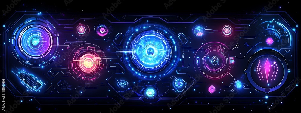 Poster Futuristic interface with glowing neon circles and lines.