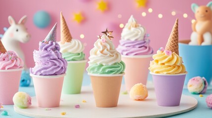 Colorful frozen yogurt cups with waffle cones and sprinkles on a pink background.