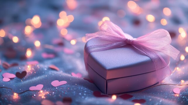 A pastel lavender heart-shaped gift box with an organza bow, placed on a satin-covered surface with scattered confetti and glowing string lights, valentine themed background, love relationship - Powered by Adobe