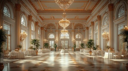 Fototapeta premium Opulent ballroom, golden dÃ©cor, wedding reception.