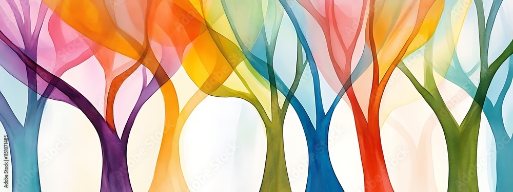 Poster colorful abstract trees in a whimsical forest.