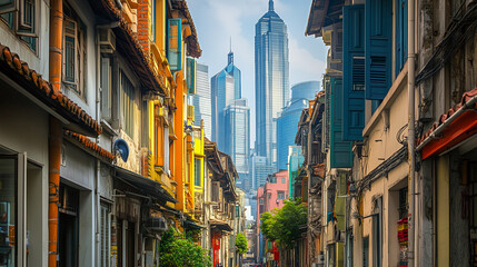 Obraz premium modern skyscrapers towering in the background, seen through narrow streets of old, historic buildings, a striking contrast between old and new architecture