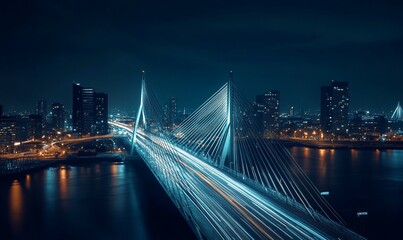 Fototapeta premium Night view of a modern cable-stayed bridge illuminated over a city skyline.