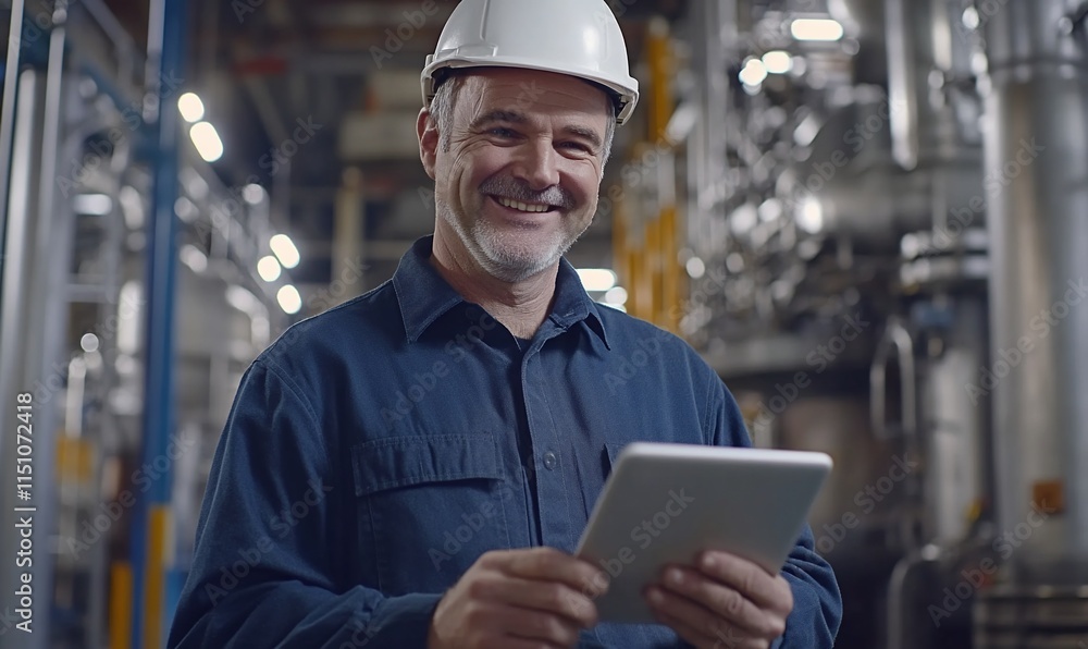 Aufkleber smiling worker in a helmet using a tablet in an industrial setting.