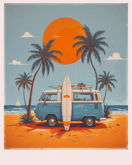 Obraz premium Summer vacation surf bus. Sunset tropical beach retro surfing. Vintage greeting card template, poster, sticker.