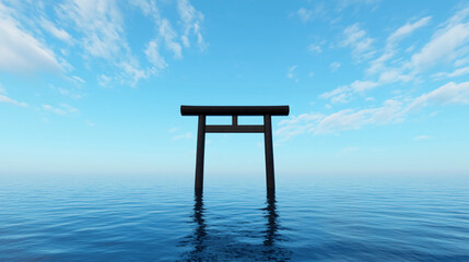 Torii Gate Standing in the Ocean with Blue Sky Reflection