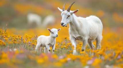 Obraz premium curious small goatling following its mother in vibrant flower field, showcasing bond between them. scene is filled with colorful blooms and serene atmosphere