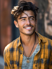 Fototapeta premium Smiling man with casual style outdoors in warm natural light