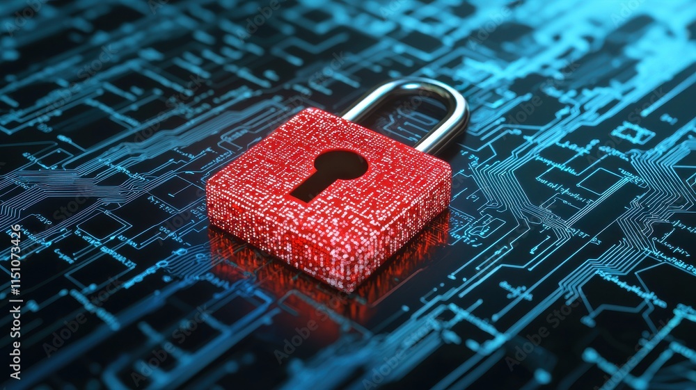 Poster securing digital data with a red lock cybersecurity environment 3d graphic technology concept