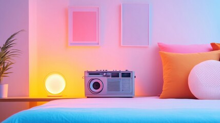 Obraz premium Cozy and Modern Bedroom Interior with Retro Radio, Colorful Cushions, and Ambient Lighting, Featuring Soft Textures and a Relaxing Atmosphere