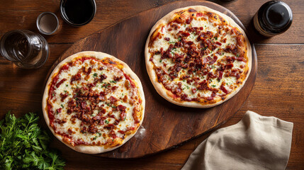 Delicious overhead view of two thin crust pizzas topped with cheese, bacon, and herbs, served on wooden board, perfect for sharing with friends