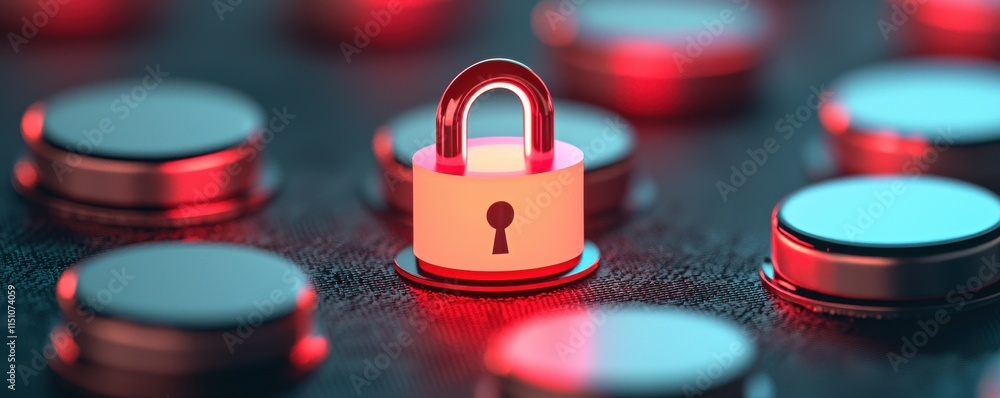 Poster securing digital assets lock and protect technology in a futuristic environment with focused viewpoi