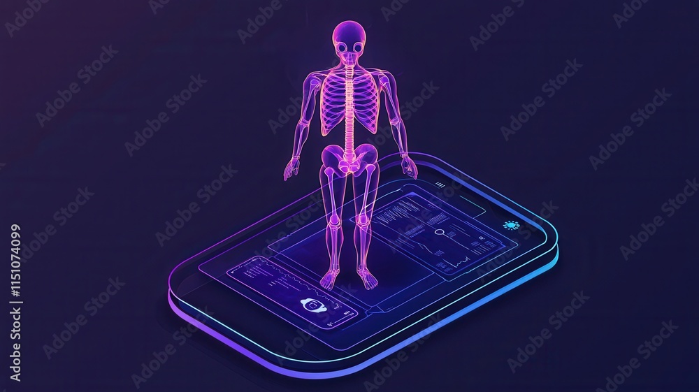 Poster 3d digital skeleton model displayed on smartphone screen modern technology interactive visualization