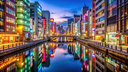 Fototapeta premium Colourful illuminated buildings in Dotonbori at night , Osaka, Japan, Dotonbori, nightlife, lights, vibrant, cityscape