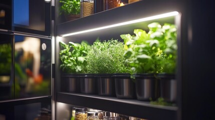 Illuminated herb garden in modern kitchen.