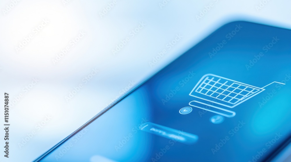 Poster modern smartphone displaying online shopping cart icon with soft blue background for e-commerce and 