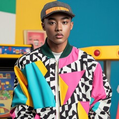 Obraz premium A young person sports a vibrant, geometric-patterned jacket, embodying modern fashion trends against a colorful retro arcade gaming backdrop.