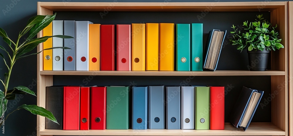 Poster a colorful bookshelf filled with organized binders and a small plant.