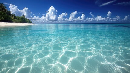 Obraz premium Tropical beach, clear turquoise water, sunny sky.