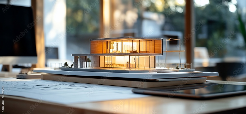 Poster a detailed architectural model displayed on a workspace with blueprints.