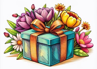Birthday Gift Box, Sale, Valentine's Day, Mother's Day - Floral Present Illustration