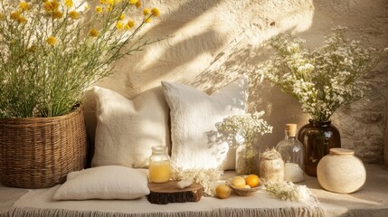 Obraz premium Cozy Natural Decoration with Flowers, Textiles, and Rustic Elements