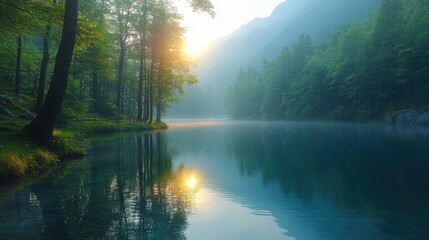 Obraz premium Sunrise over tranquil lake, misty forest reflection.