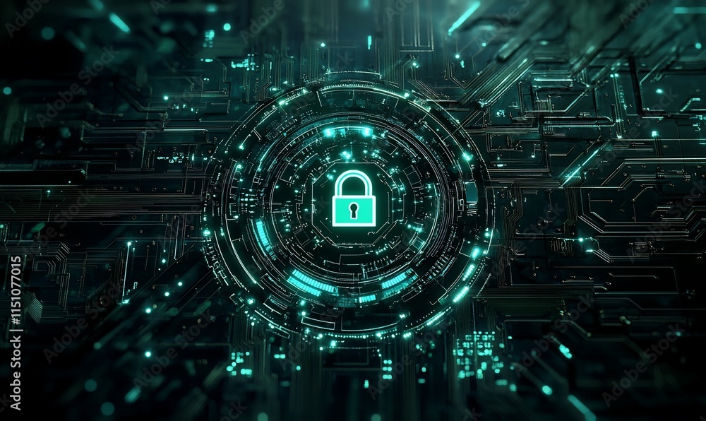 Poster a digital lock symbol within a futuristic circuit background.