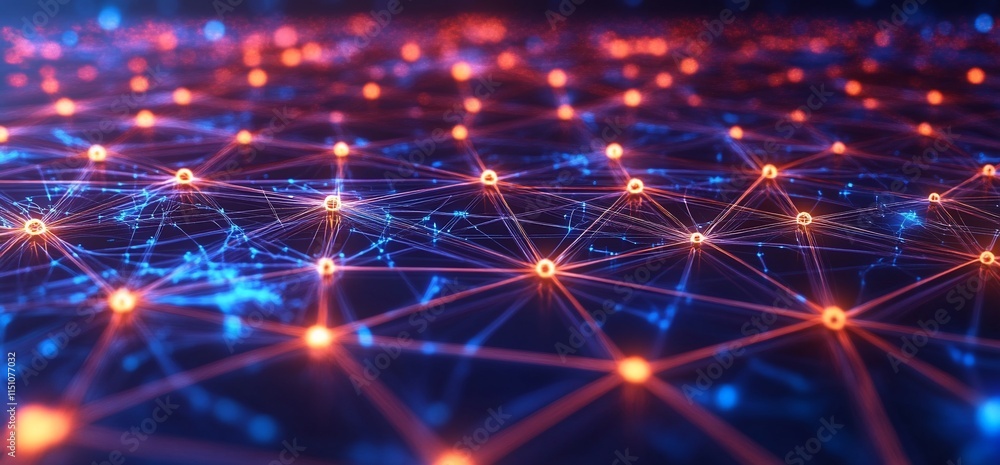 Poster a digital representation of a network with interconnected nodes and lines.