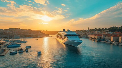 A cruise ship sailing at sunset in a picturesque harbor.
