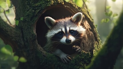 Curious raccoon peeking out from tree hollow in a serene forest