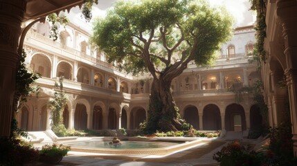 Serene Courtyard Oasis: Ancient Tree in Luxurious Palace