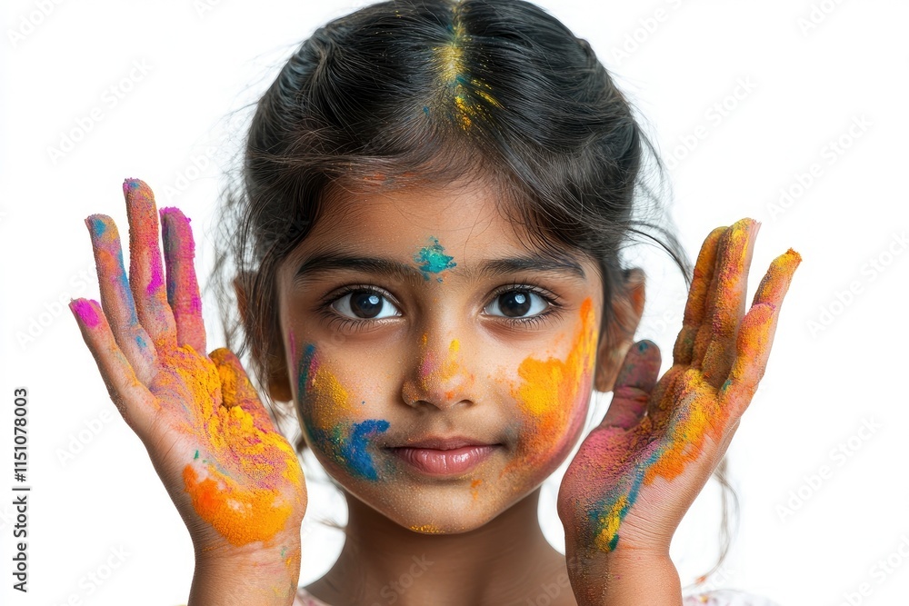 Canvas Prints Young smart indian girl face coloured with gulal and hand full of color powder for festival of colours Holi, a popular hindu festival celebrated across india advertisement isolated white background 