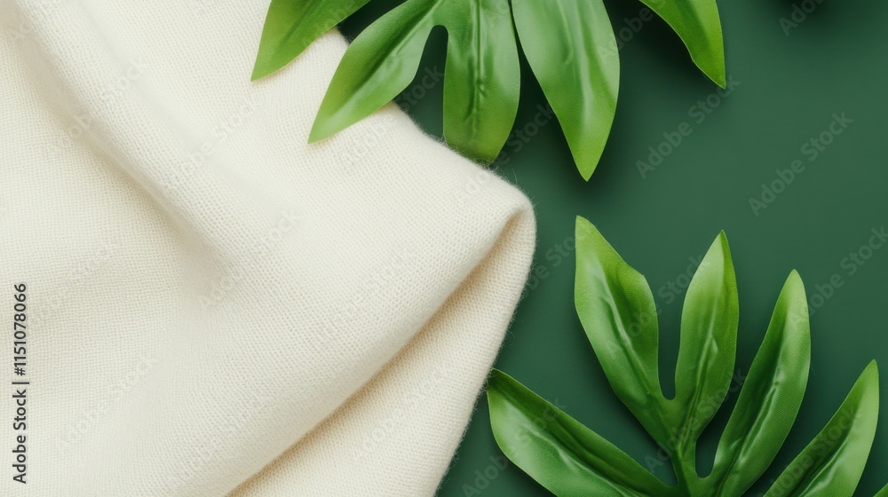 Poster soft cream textile with lush green leaves on dark green surface creating a tranquil and inviting nat