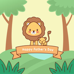 Naklejka premium A cute cheerful cartoon of a lion and lion cub with the text 'Happy Father's Day' 