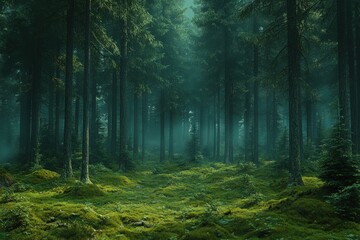 Naklejka premium Misty green forest, tall trees, mossy ground.