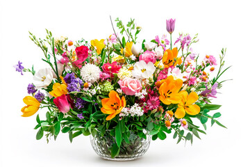 Obraz premium Bouquet of bright spring flowers in a vase on a white background. Banner for a flower shop.