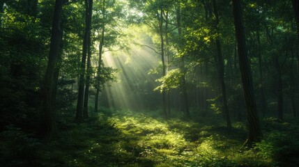 Fototapeta premium Sunbeams Illuminating a Mystical Forest Path