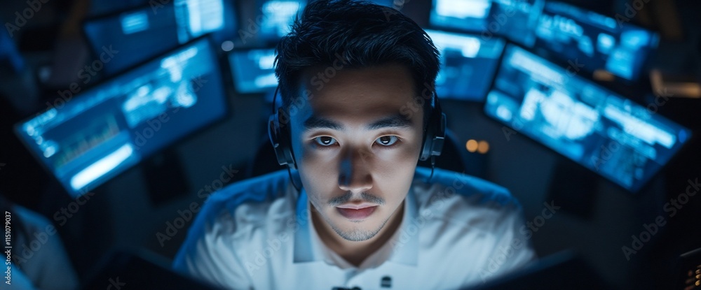 Poster a focused individual wearing a headset, surrounded by multiple computer screens.
