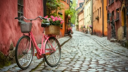 Fototapeta premium Charming Pink Bicycle with Flowers on Cobblestone Street Scene