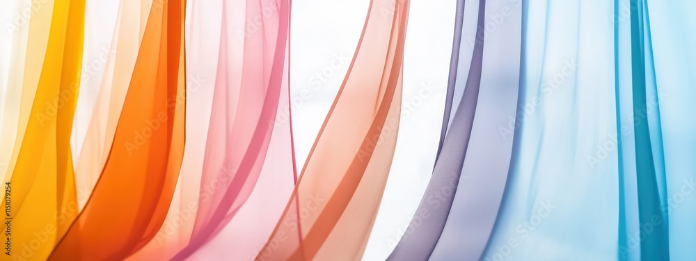 Poster colorful sheer fabric drapes in gradient shades create a vibrant and ethereal background perfect for