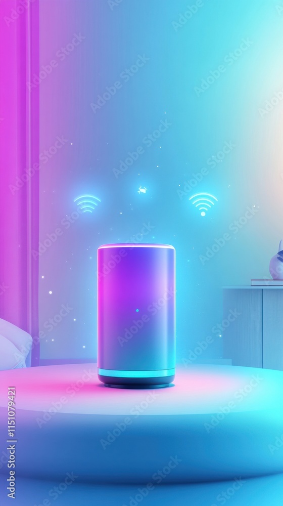 Poster modern smart speaker on a stylish table with colorful ambient lighting, showcasing wireless connecti