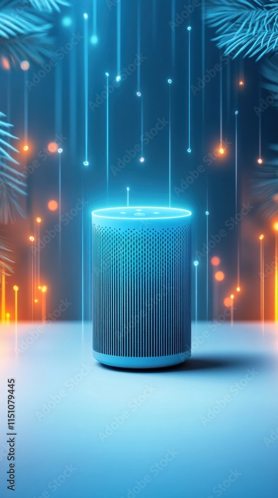 Poster modern smart speaker with vibrant light effects surrounded by branches in a futuristic setting, idea