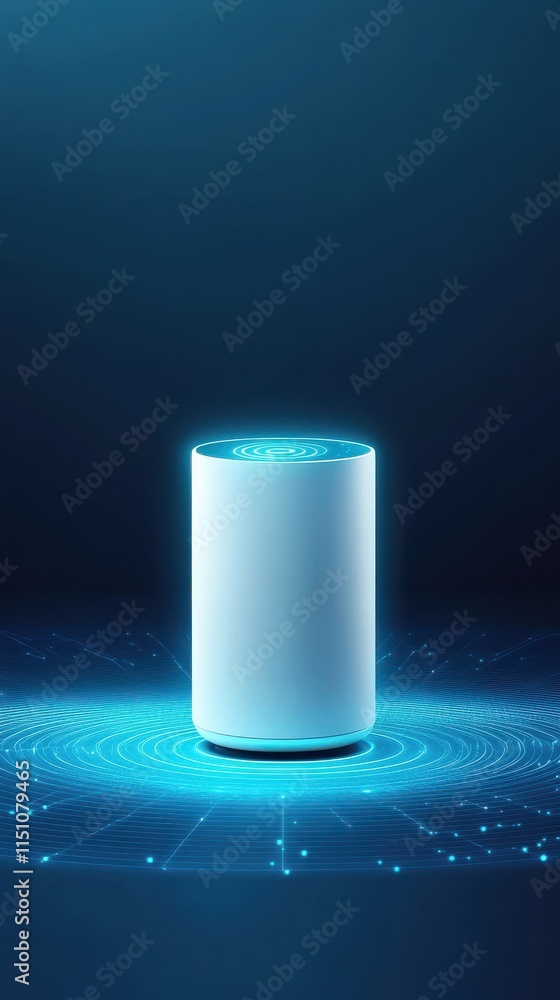 Poster modern smart speaker on a futuristic background with digital sound waves and blue light effects enha