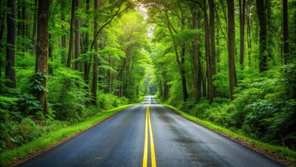 Naklejka premium Asphalt road cutting through a lush forest, asphalt, road, square, nature, forest, trees, green, outdoors, tranquil