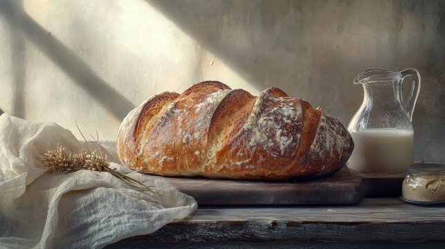 Photorealistic Side View of Appenzeller Biberli Bread with Milk and Wheat on Rustic Table