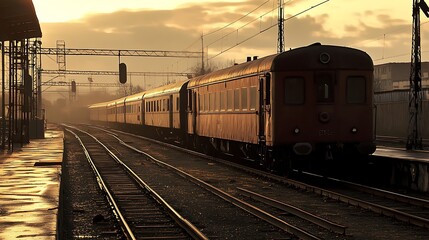 Obraz premium Vintage train at sunset on railway platform.
